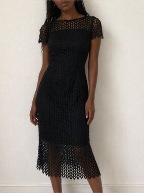 Kay Unger Black Lace Midi Dress Sheer Hem Cap Sleeve Size 2 Dark Romance Goth